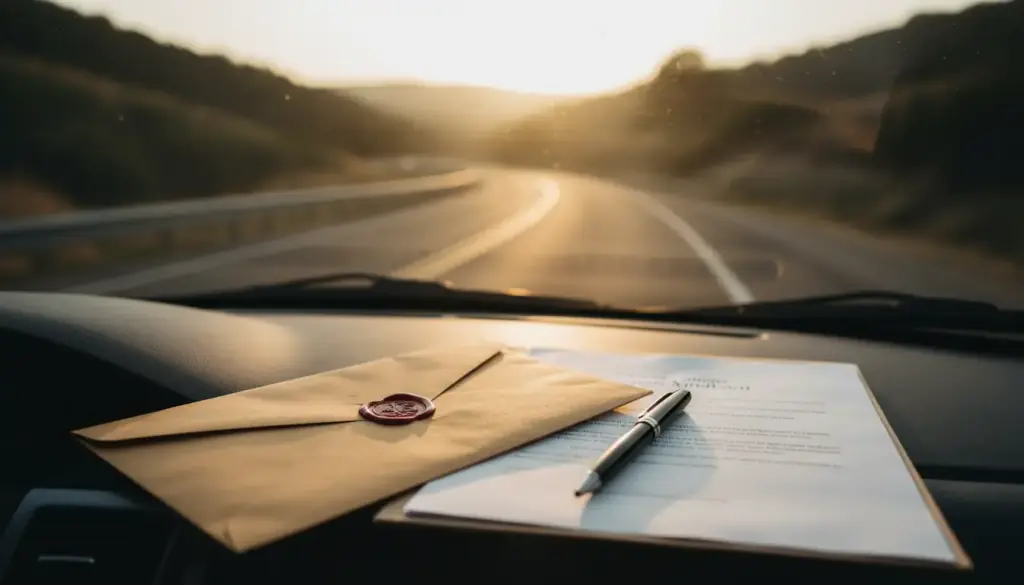 Legal papers on a car dashboard, a wooded two-lane road running ahead at golden hour